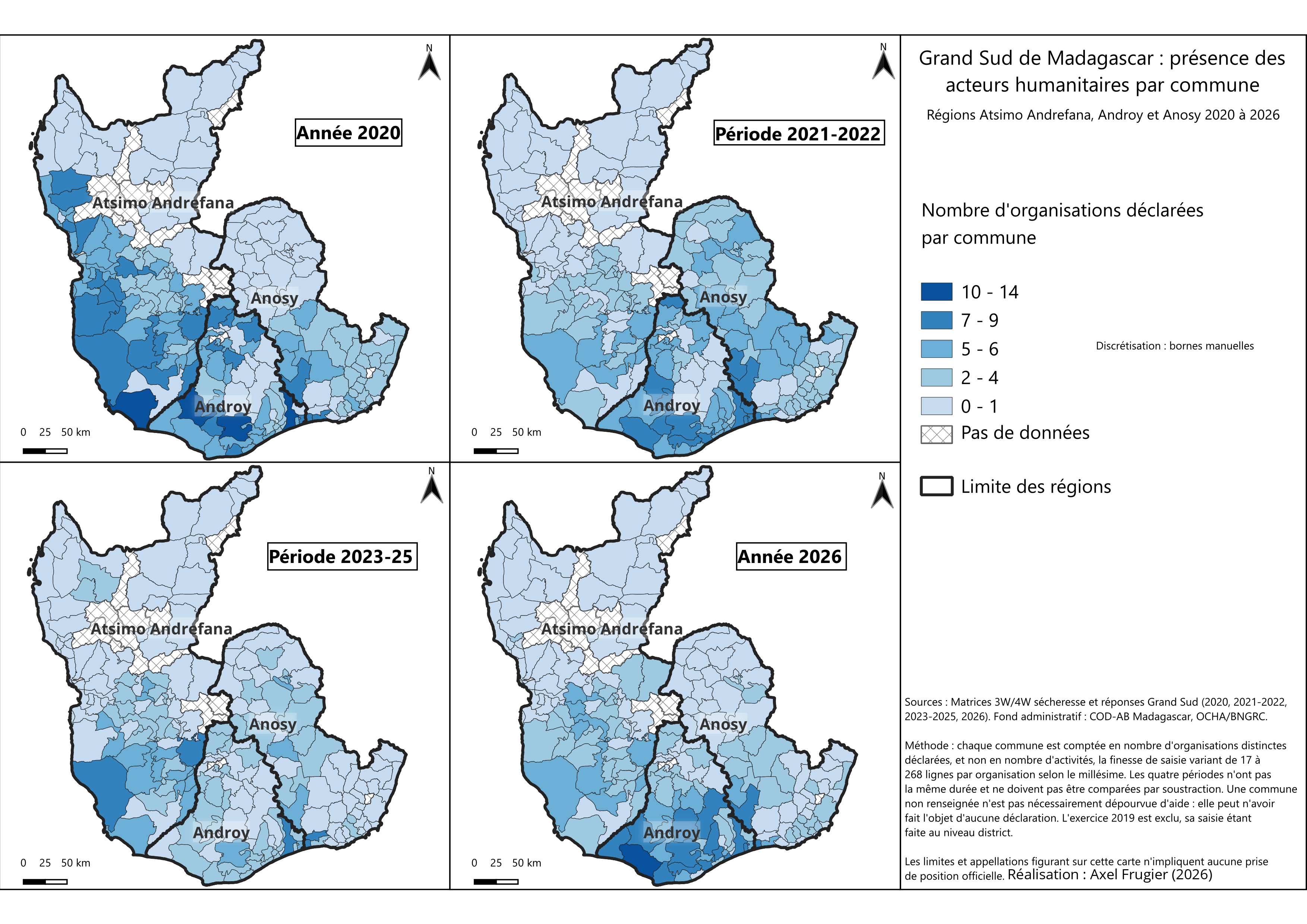 Quatre cartes du nombre d'organisations humanitaires par commune dans le Grand Sud, de 2020 à 2026.