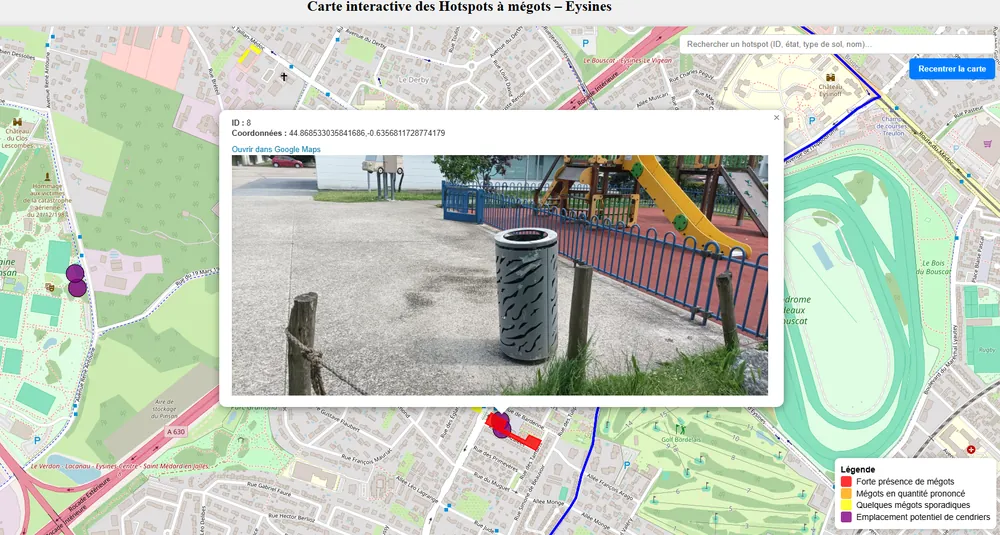 Où poser 16 cendriers : relevé des mégots rue par rue, puis emplacements des cendriers.
