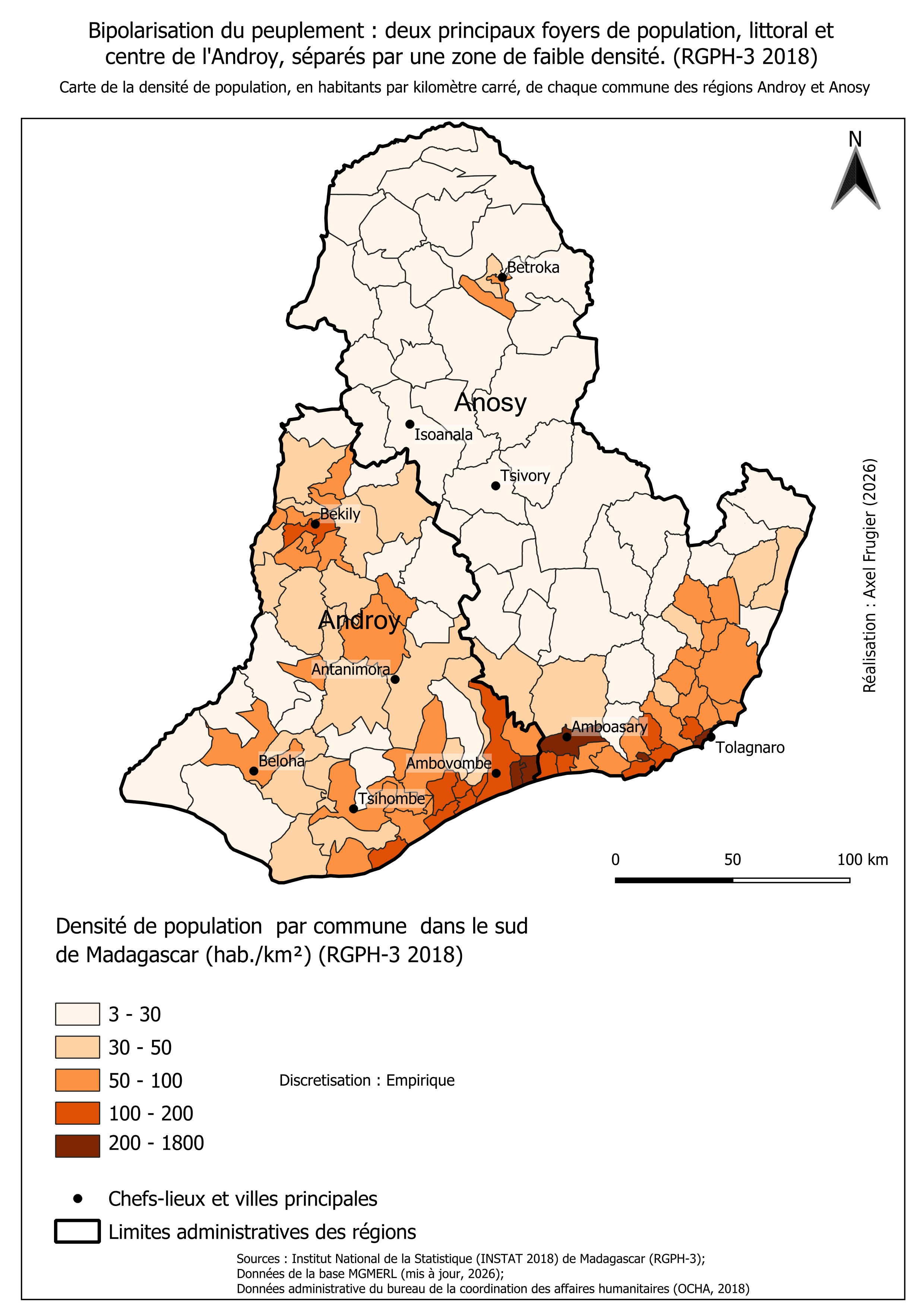 Carte de la densité de population par commune dans l'Androy et l'Anosy en 2018.