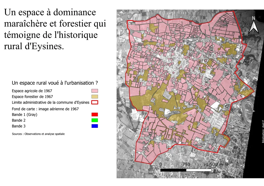 Carte des espaces agricoles et forestiers d'Eysines en 1967 sur fond de photographie aérienne.