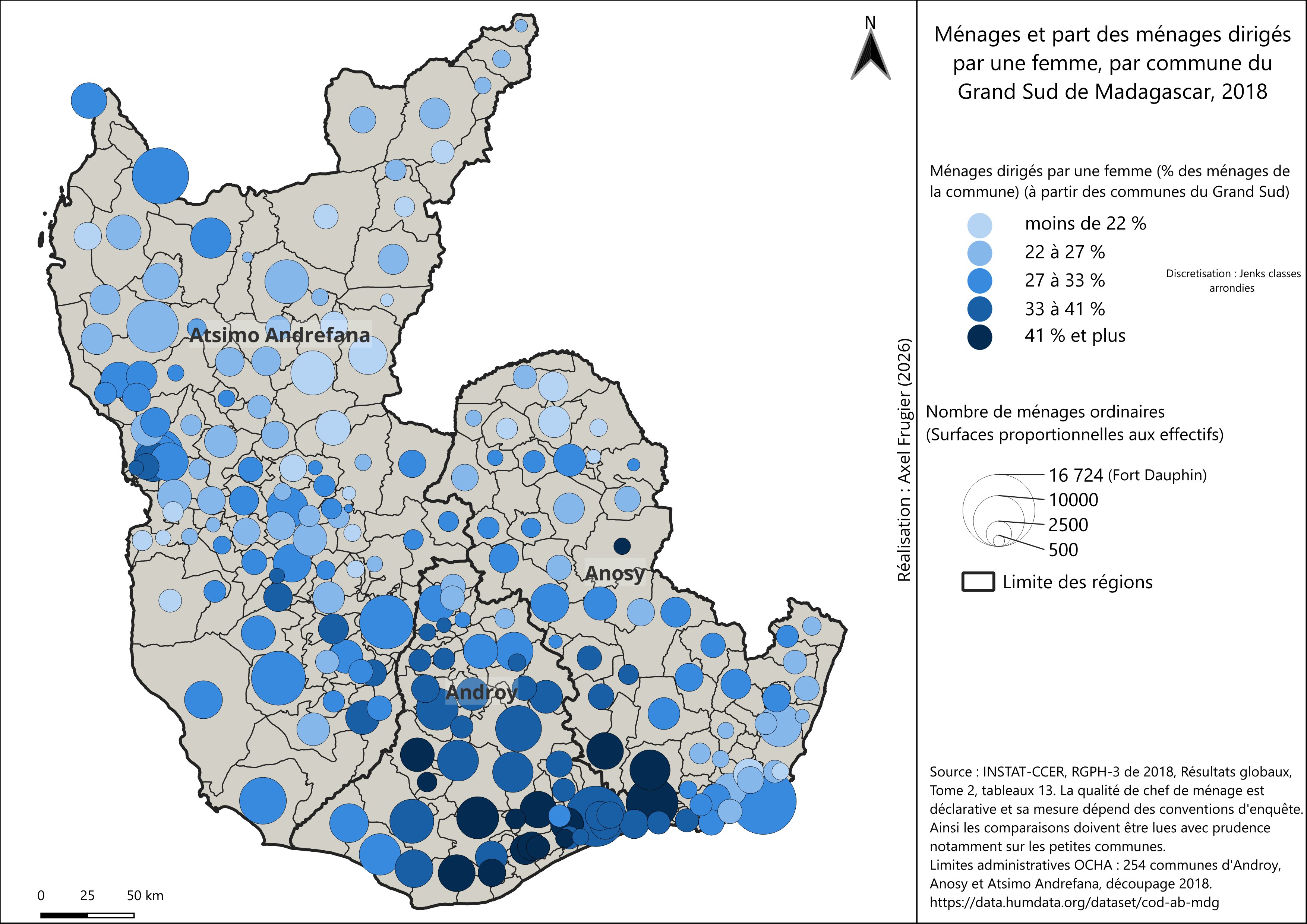 Carte du nombre de ménages et de la part des ménages dirigés par une femme, par commune du Grand Sud, en 2018.