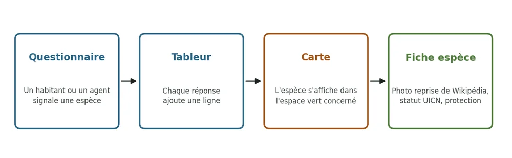 Un observatoire de la biodiversité qui se remplit tout seul : un questionnaire, un tableur, et la carte se met à jour.