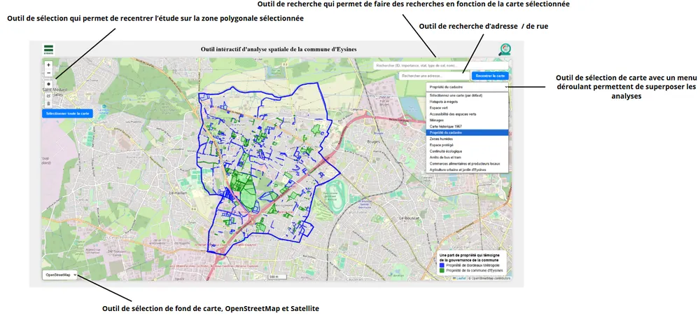 Un outil d'analyse en ligne pour la mairie : toutes les couches de la commune dans une carte lisible sur téléphone.