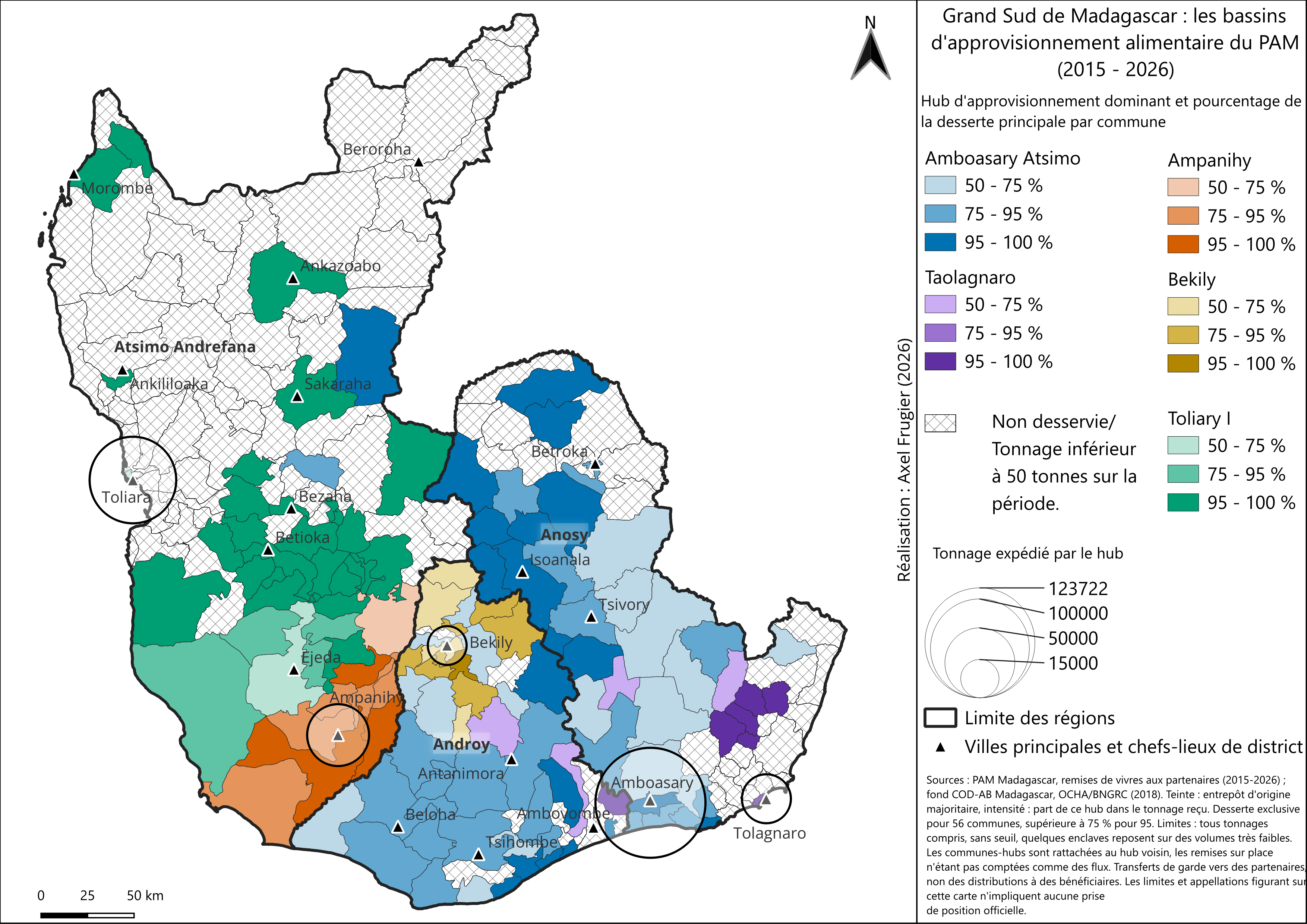 Carte des communes du Grand Sud selon l'entrepôt du PAM qui les approvisionne, de 2015 à 2026.