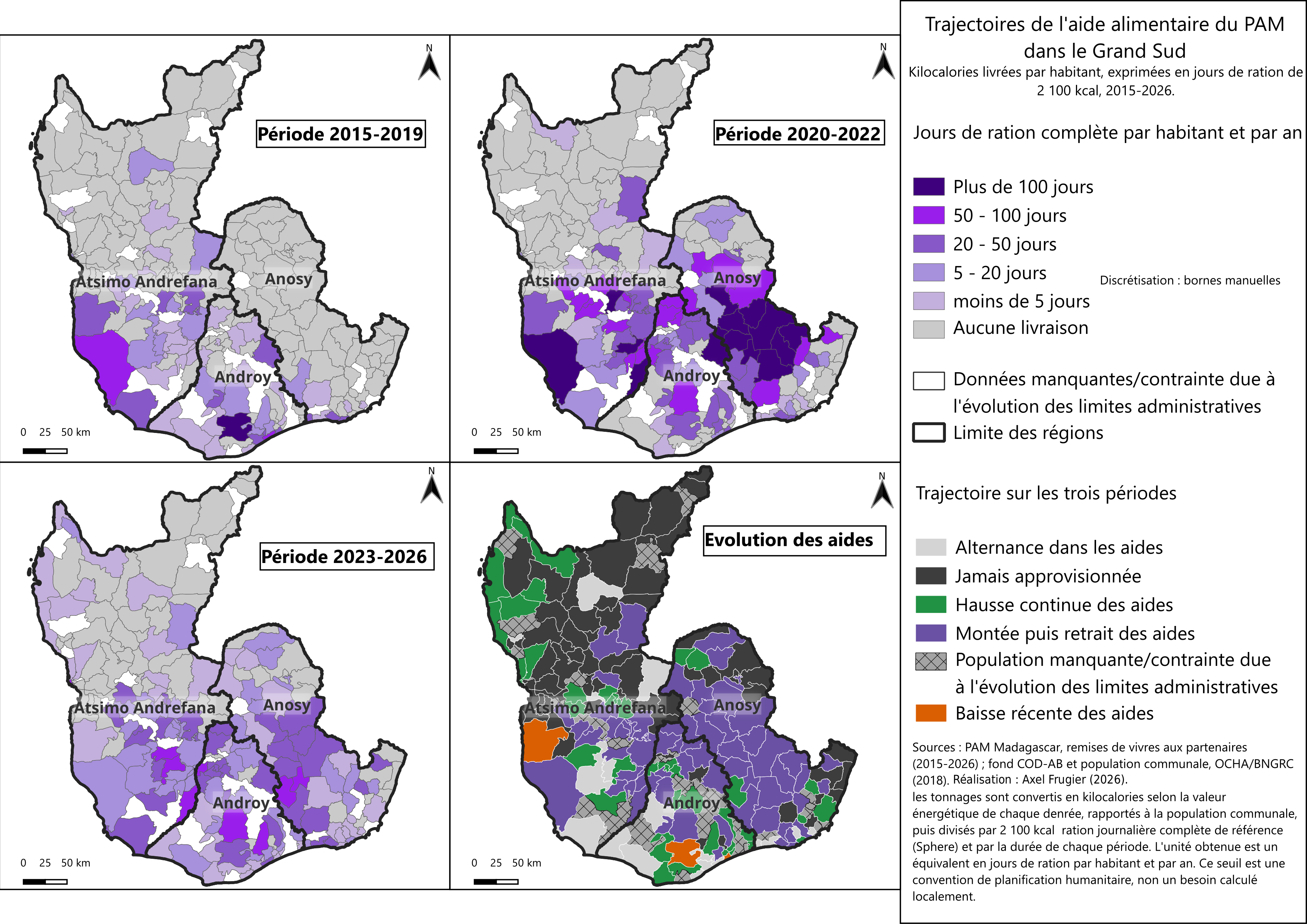Quatre cartes des trajectoires de l'aide alimentaire du PAM dans le Grand Sud, de 2015 à 2026.