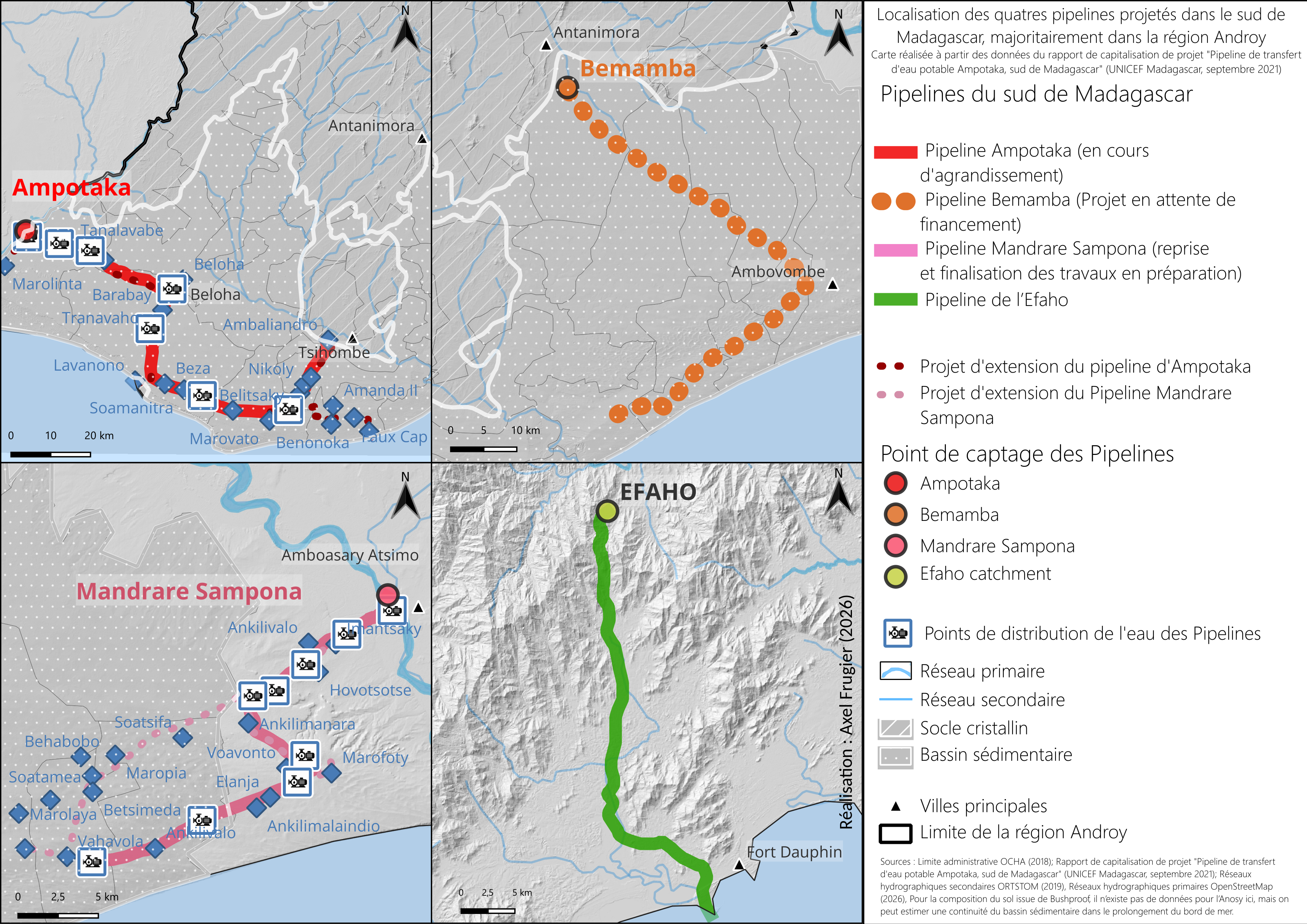 Quatre cartes des pipelines d'eau potable du sud de Madagascar : Ampotaka, Bemamba, Mandrare Sampona et Efaho.