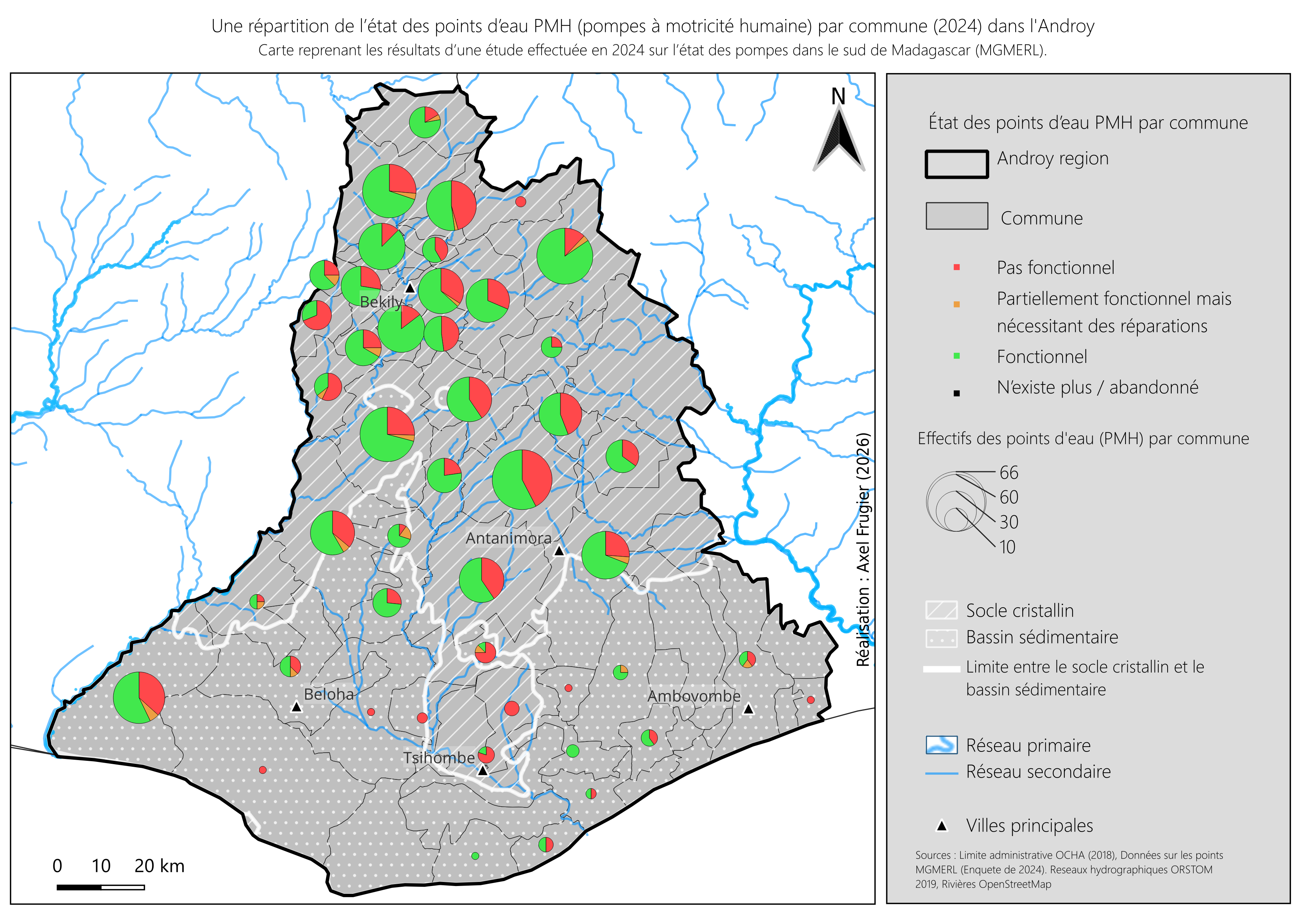 Carte de l'état des pompes à motricité humaine par commune dans l'Androy : fonctionnelles, à réparer, hors service.