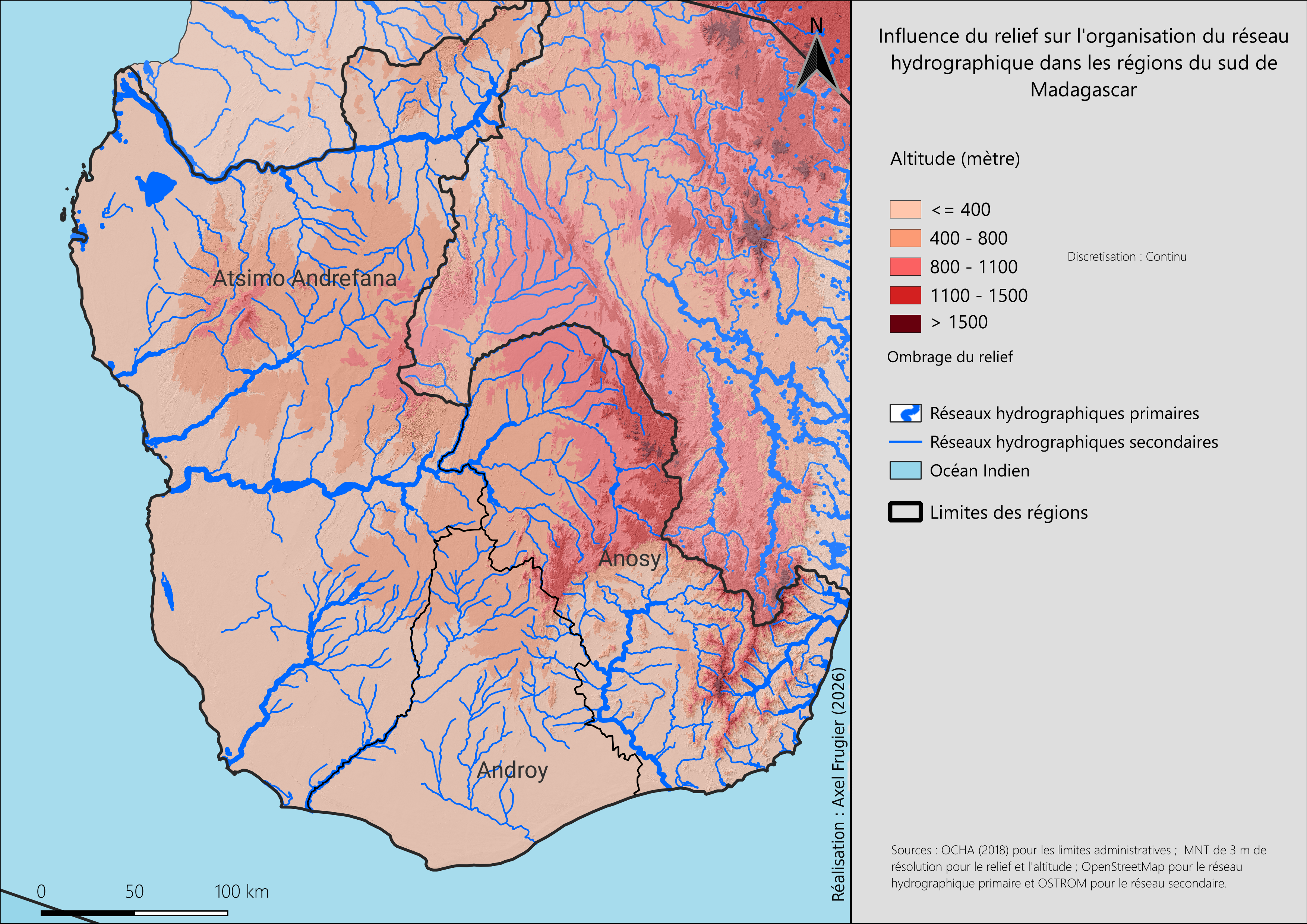 Carte du relief et du réseau hydrographique des régions Atsimo Andrefana, Androy et Anosy.