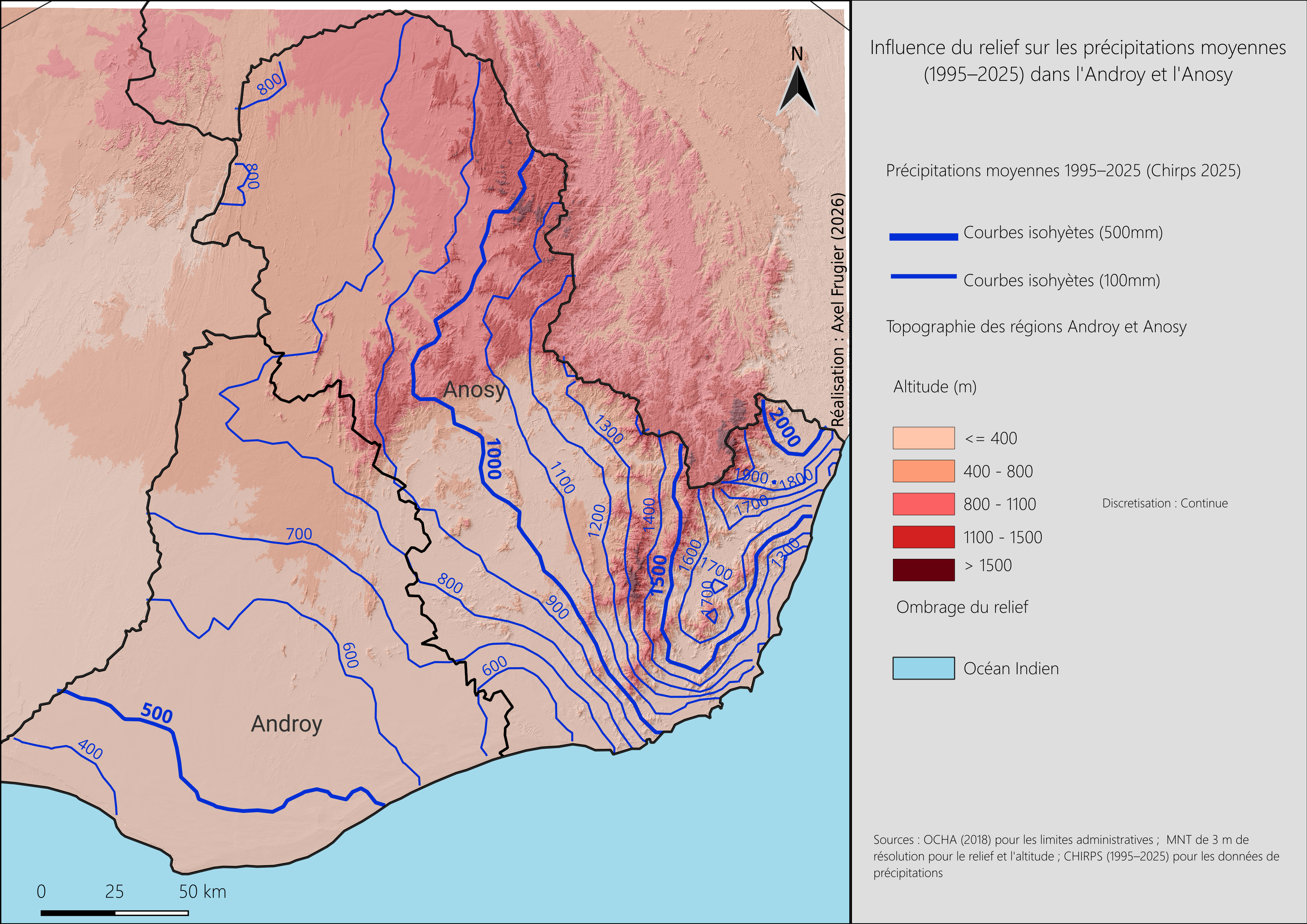 Carte du relief et des précipitations moyennes de 1995 à 2025 dans l'Androy et l'Anosy.